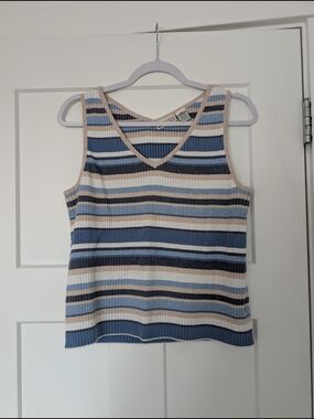Faded Glory Striped V-Neck Ribbed Tank in Blue and Cream and Tan Size XL